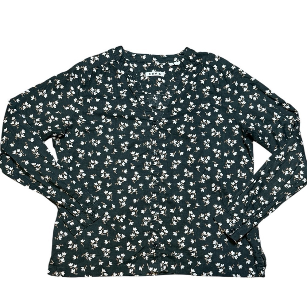 Orvis Women’s Large Dark Green Cotton Button-Down Blouse White Floral Print